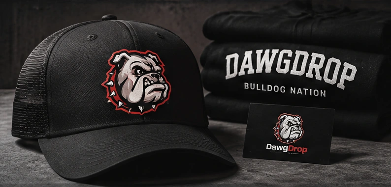 DawgDrop brand apparel artwork with a black bulldog cap and folded shirts